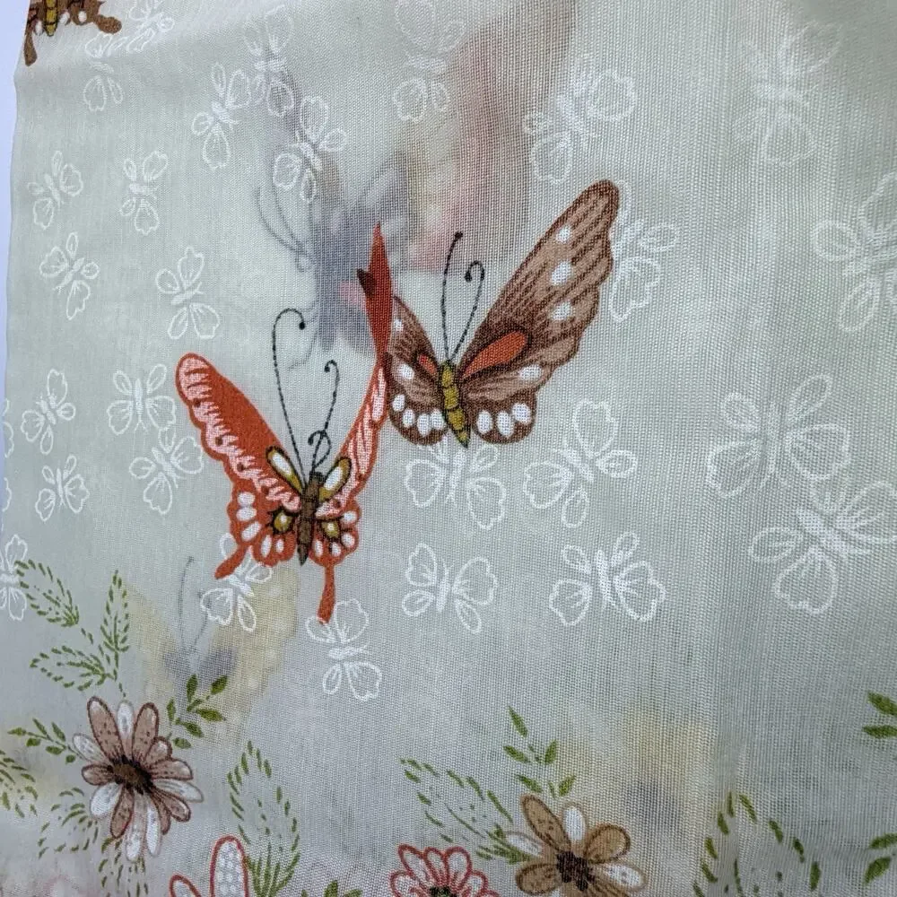 Set 2 Vtg1970s Flower Butterfly Sheer Cafe Curtains Nature Boho Brown Orange 36